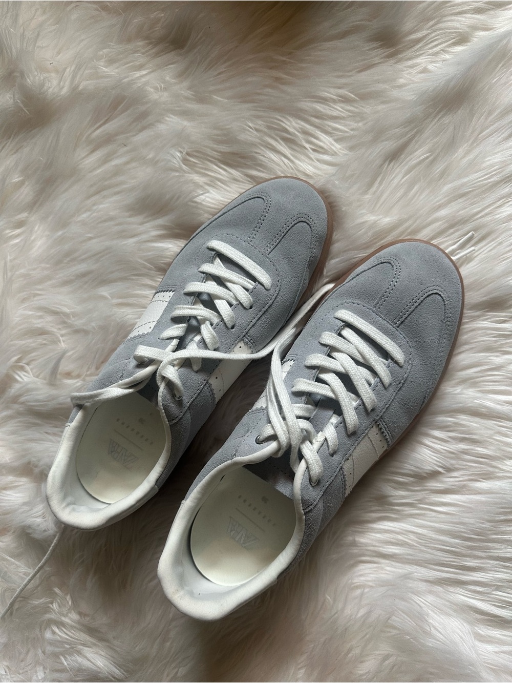 Zara Light Gray Suede Athletic Sneakers with White Stripes
